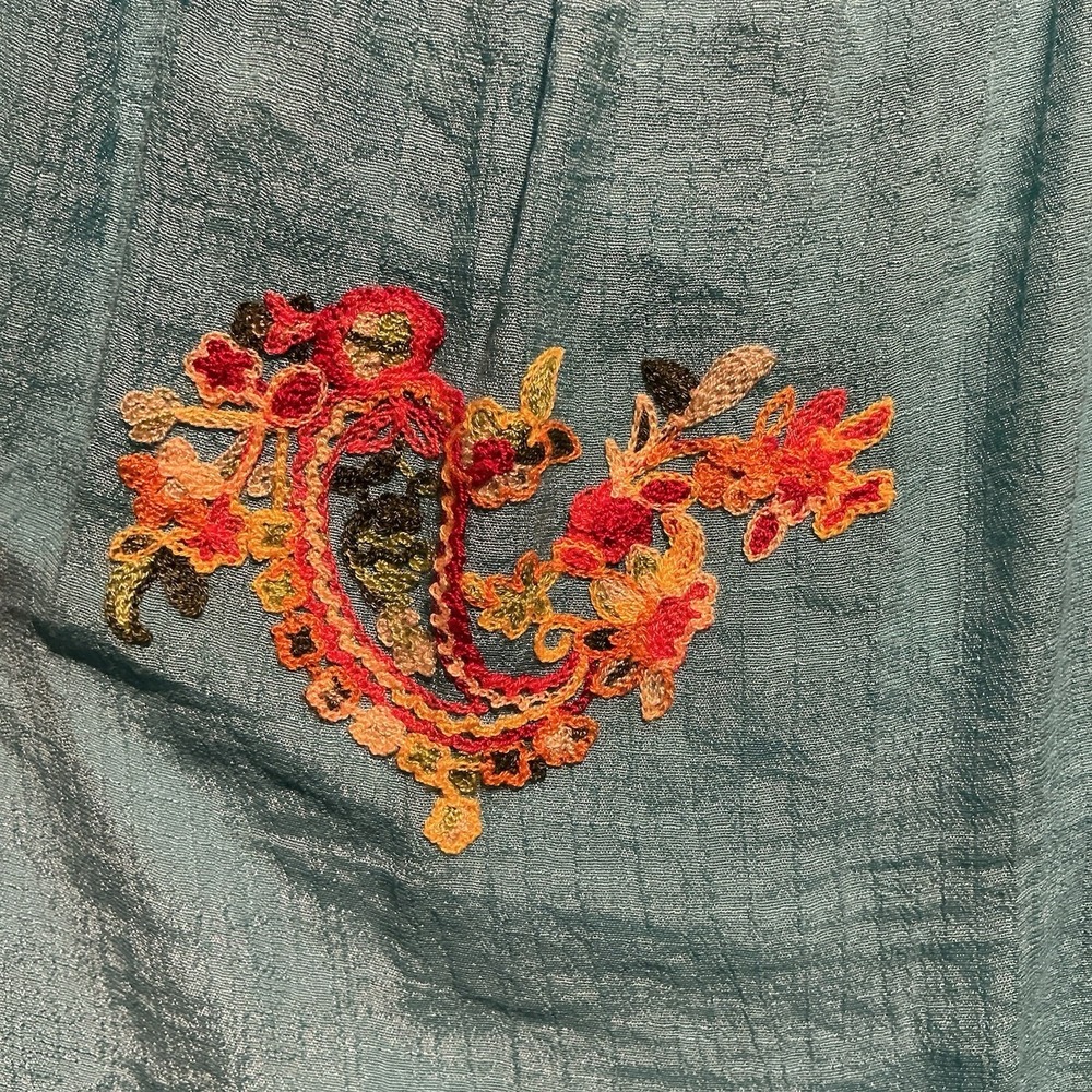 Figueroa & Flower Teal Aqua Green‎ Embroidered Top PM Paisley Peasant 70's Retro